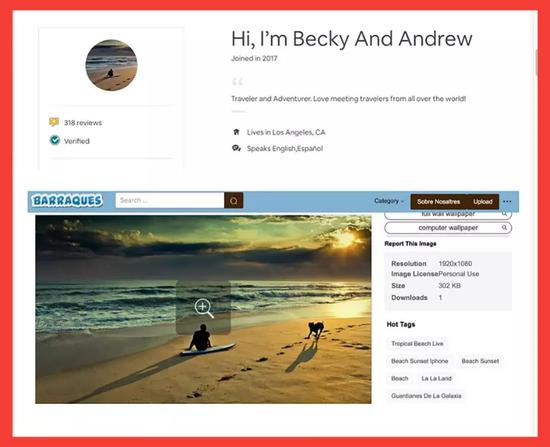 图注：在反向图片搜索后，Becky and Andrew的账号图片在互联网上的其他地方出现了。