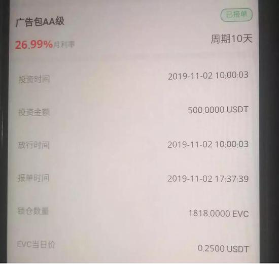 EVC宣传资料显示，其月收益高达26.99%