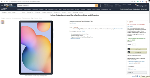 三星Galaxy Tab S6 Lite在德国亚马逊上意外曝光