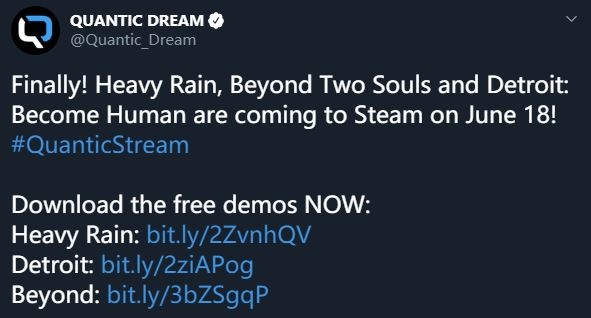 《暴雨》《底特律：变人》将于下月登陆Steam平台