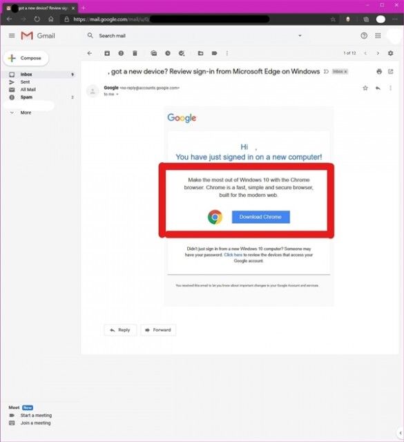 谷歌发邮件警告使用Edge登陆Gmail的用户：推荐使用Chrome